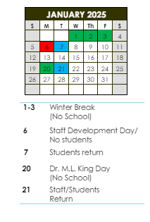 District School Academic Calendar for Southwest Elementary School for January 2025