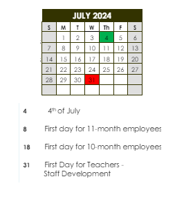 District School Academic Calendar for Southwest Elementary School for July 2024