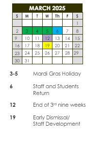 District School Academic Calendar for Southwest Elementary School for March 2025