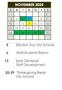 District School Academic Calendar for Southwest Elementary School for November 2024