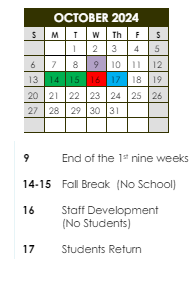 District School Academic Calendar for Southwest Elementary School for October 2024