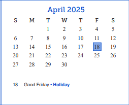 District School Academic Calendar for Day Head Start for April 2025