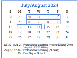 District School Academic Calendar for Bonham Elementary School for August 2024