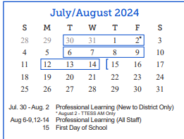 District School Academic Calendar for Goliad Elementary School for August 2024