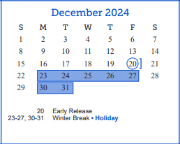 District School Academic Calendar for Reagan Elementary  for December 2024