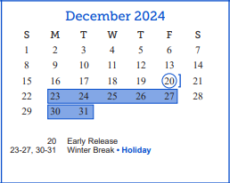 District School Academic Calendar for Holiman Elementary School for December 2024