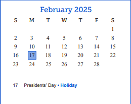 District School Academic Calendar for Holiman Elementary School for February 2025