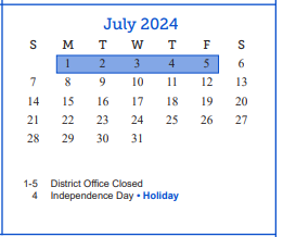 District School Academic Calendar for Glenmore Elementary School for July 2024