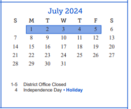 District School Academic Calendar for Belaire Elementary School for July 2024