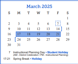 District School Academic Calendar for Fannin Elementary School for March 2025