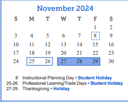 District School Academic Calendar for Bonham Elementary School for November 2024