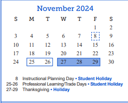 District School Academic Calendar for Central Freshman Campus for November 2024