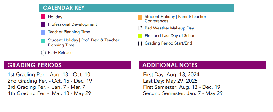 District School Academic Calendar Key for Austin Academy