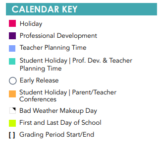 District School Academic Calendar Legend for Pershing Elementary