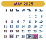 District School Academic Calendar for Judge Oscar De La Fuente Elementary for May 2025