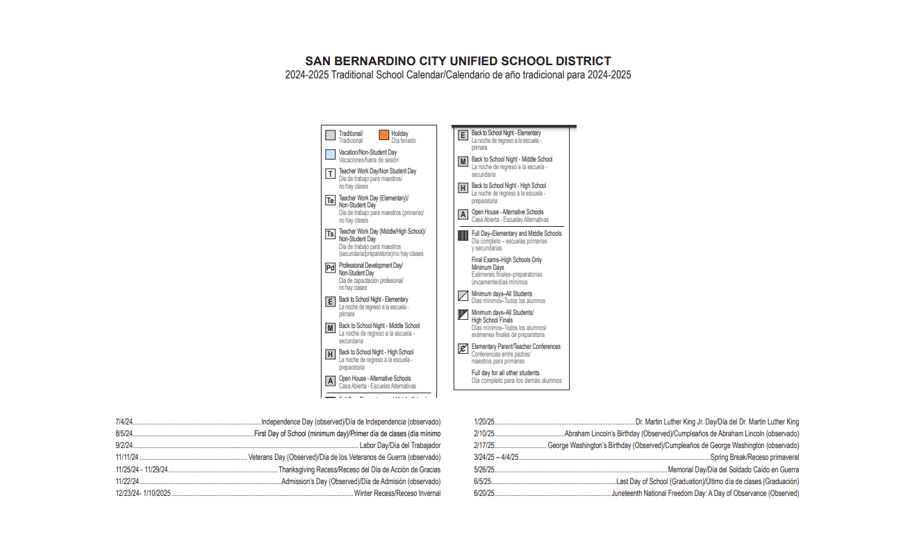District School Academic Calendar Key for The Academy