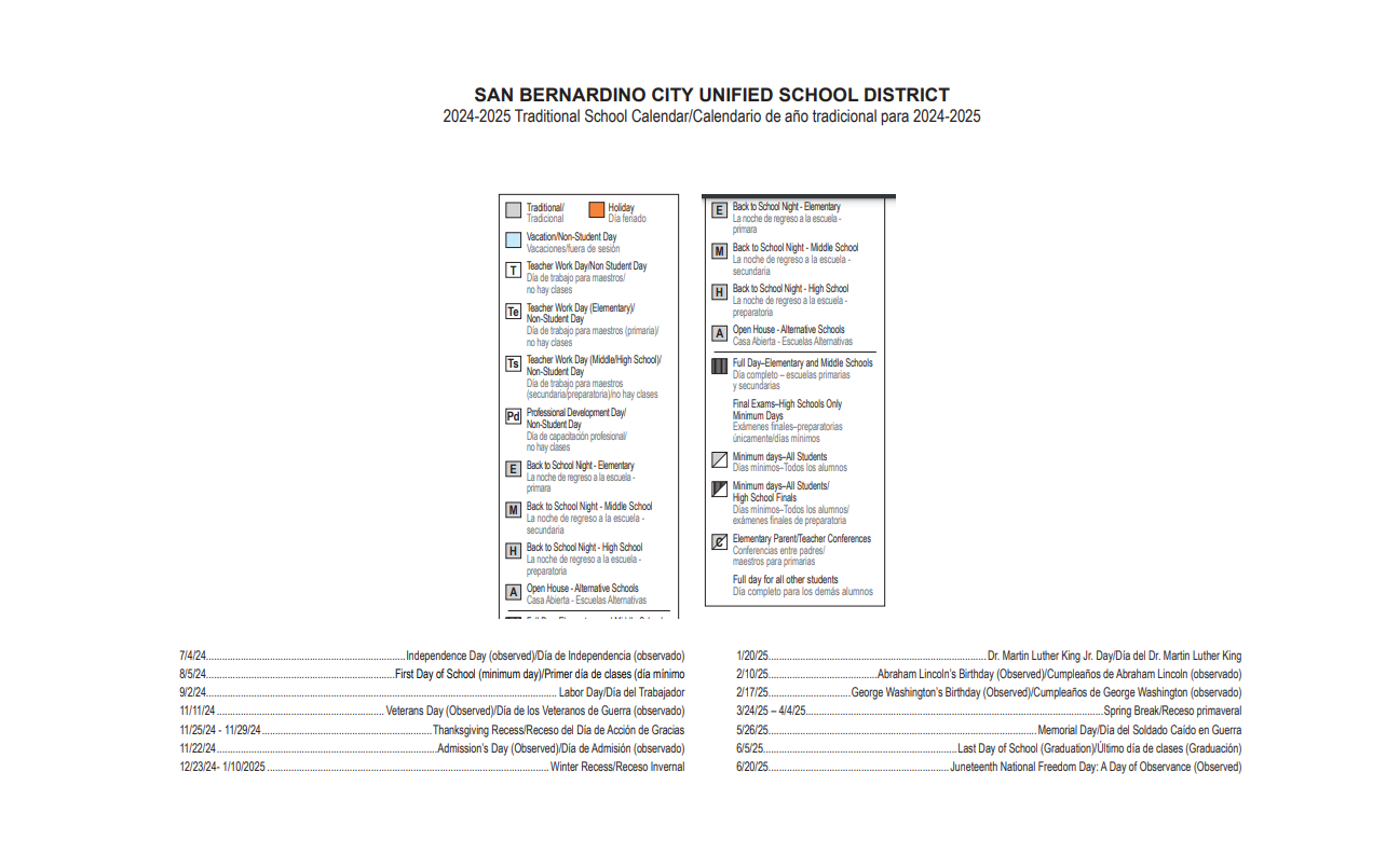 District School Academic Calendar Key for Vermont Elementary