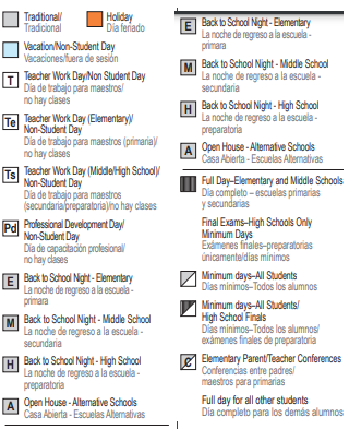 District School Academic Calendar Legend for The Academy