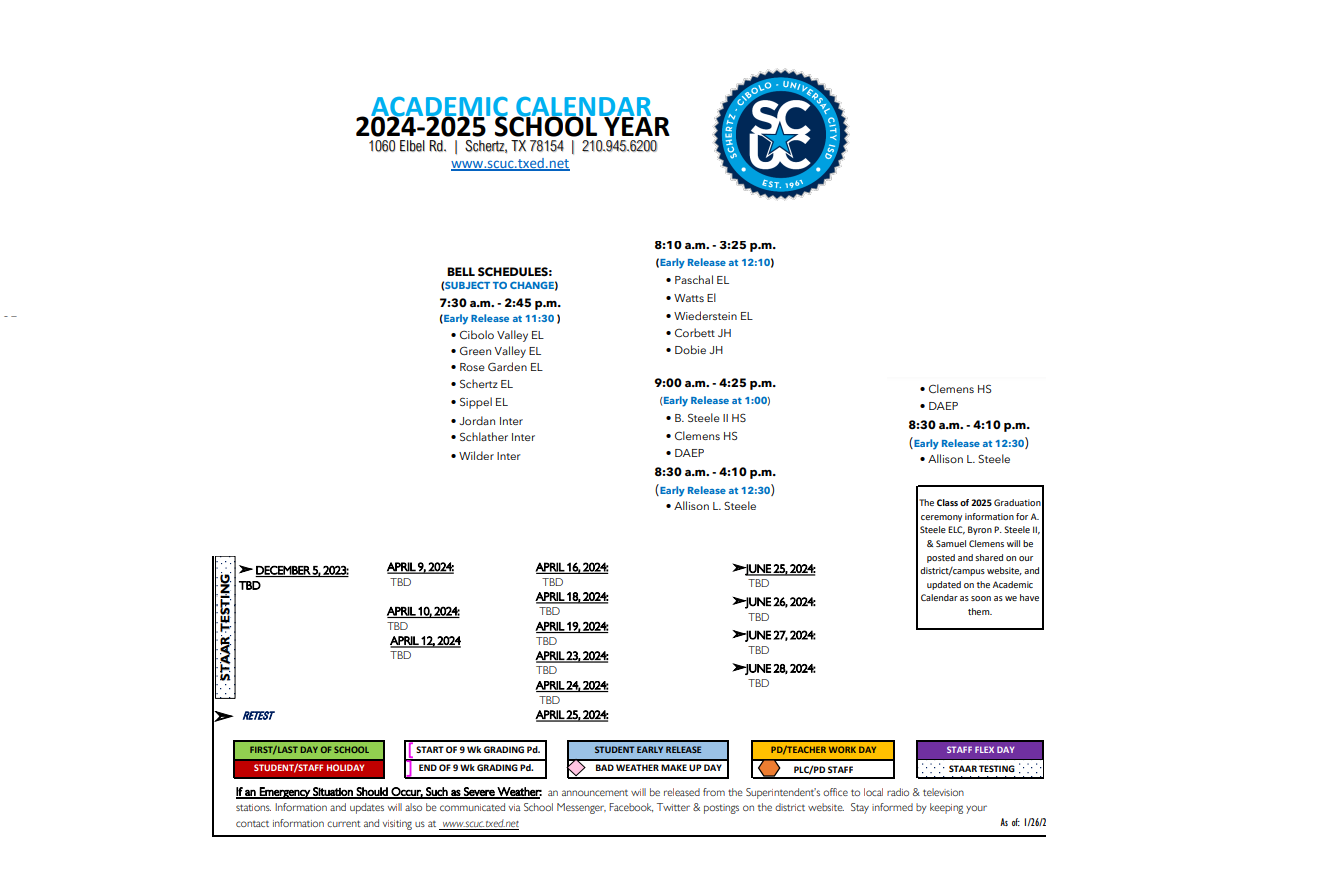 District School Academic Calendar Key for Schertz Elementary School