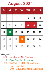 District School Academic Calendar for Wilbur Wright Middle School for August 2024