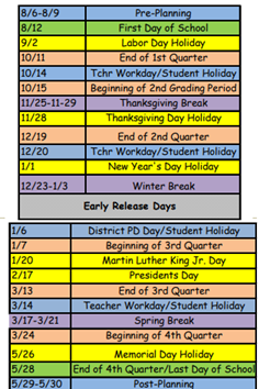 District School Academic Calendar Legend for Hopper Center