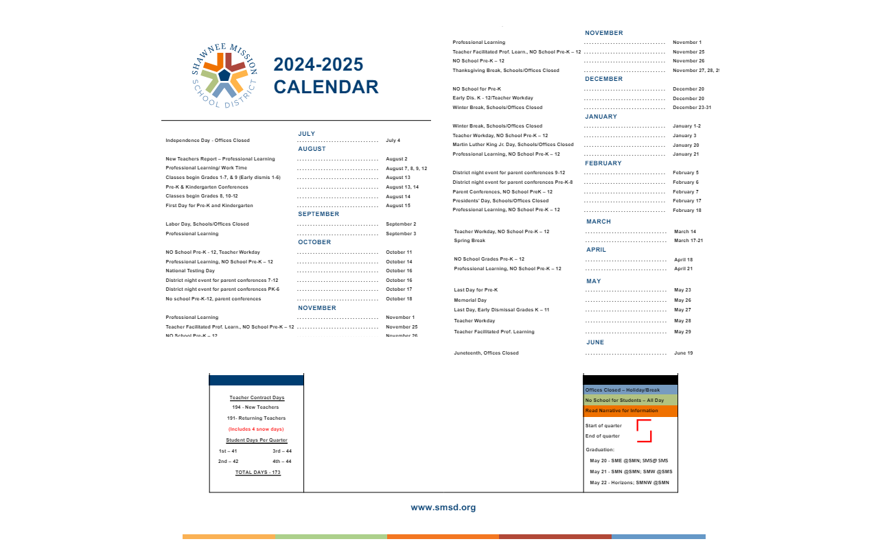 District School Academic Calendar Key for Shawanoe Elem