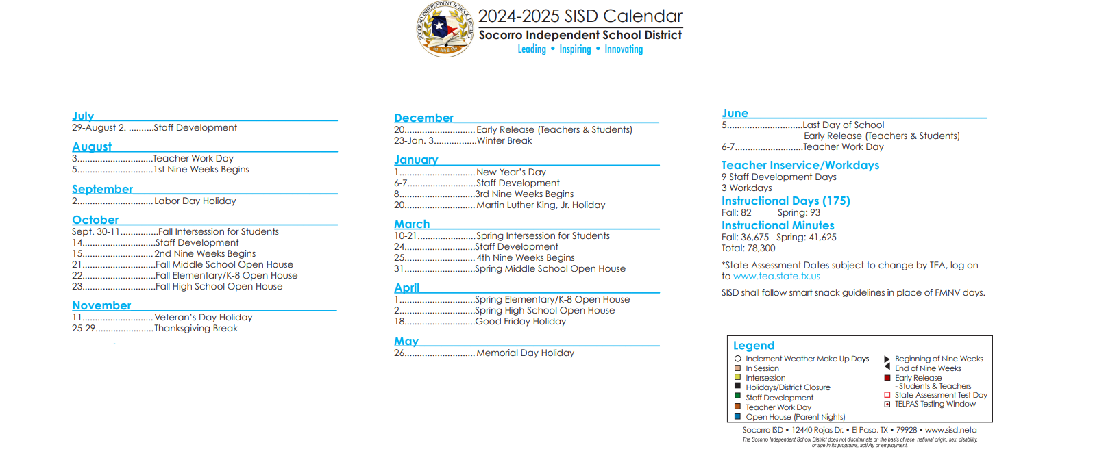 District School Academic Calendar Key for Bill Sybert School