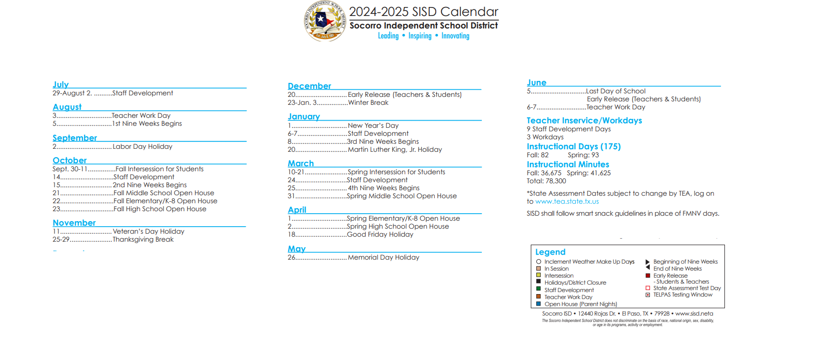 District School Academic Calendar Key for Socorro High School