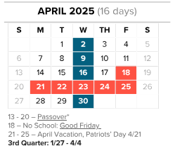 District School Academic Calendar for John F Kennedy for April 2025