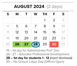 District School Academic Calendar for John F Kennedy for August 2024