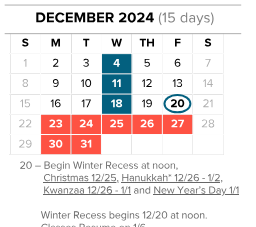 District School Academic Calendar for John F Kennedy for December 2024