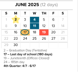 District School Academic Calendar for John F Kennedy for June 2025