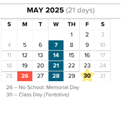 District School Academic Calendar for John F Kennedy for May 2025