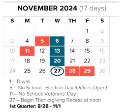 District School Academic Calendar for John F Kennedy for November 2024