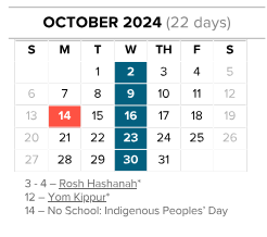 District School Academic Calendar for John F Kennedy for October 2024