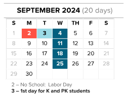 District School Academic Calendar for John F Kennedy for September 2024