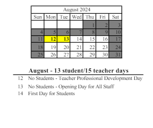 District School Academic Calendar for Corydon Elementary School for August 2024