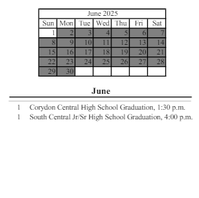 District School Academic Calendar for Corydon Elementary School for June 2025