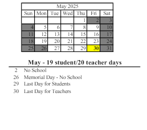 District School Academic Calendar for Corydon Elementary School for May 2025