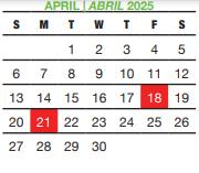 District School Academic Calendar for Bexar Co J J A E P for April 2025