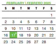 District School Academic Calendar for Bexar Co J J A E P for February 2025