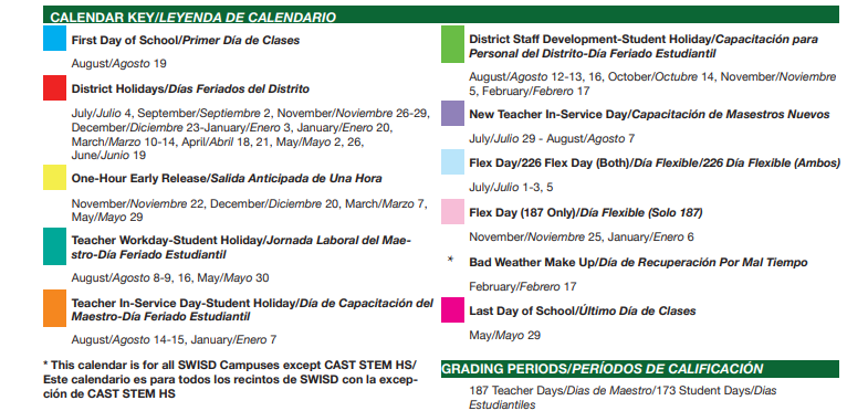 District School Academic Calendar Key for Bexar Co J J A E P