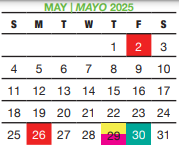 District School Academic Calendar for Bexar Co J J A E P for May 2025