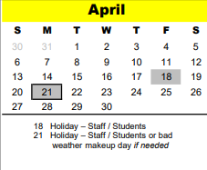 District School Academic Calendar for Cornerstone Academy for April 2025