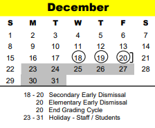 District School Academic Calendar for Pre-k Elementary for December 2024