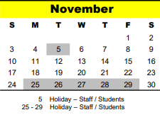 District School Academic Calendar for Bendwood School for November 2024