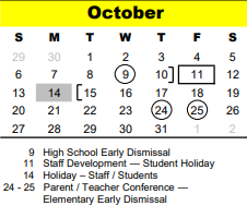 District School Academic Calendar for Stratford High School for October 2024
