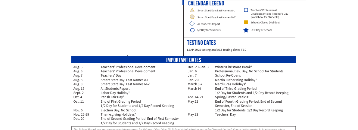 District School Academic Calendar Key for Honey Island Elementary School
