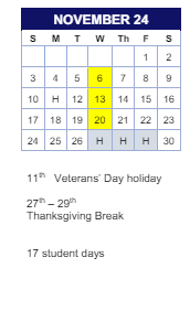 District School Academic Calendar for Comm Based Trans Program for November 2024