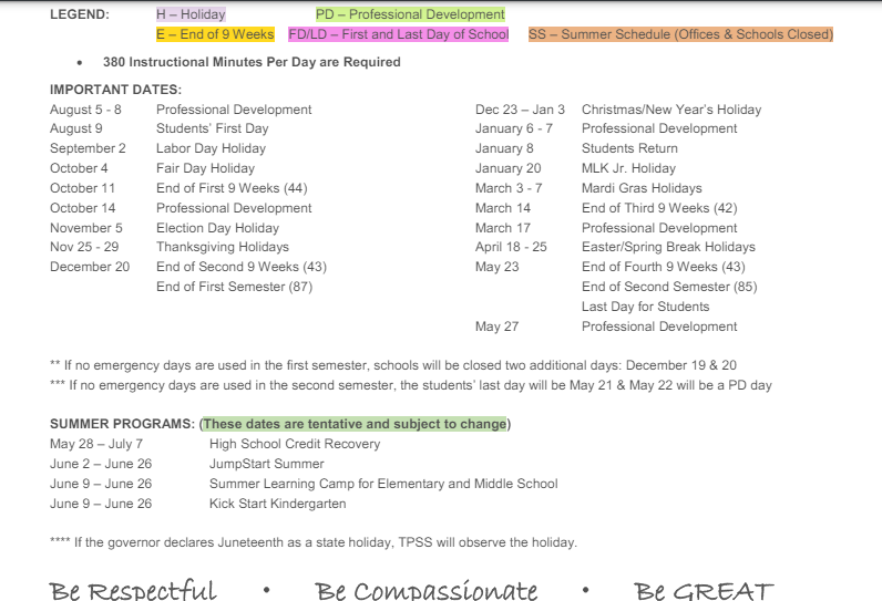 District School Academic Calendar Key for Southeastern La University Lab School